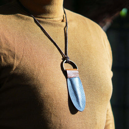 Beavertag worn around the neck as a fashion accessory
