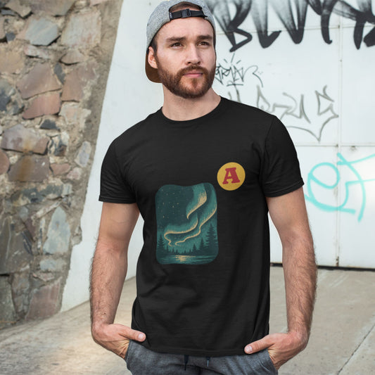 Man wearing a black Northern lights Aurora T shirt from the Canadian ABC collection by Maple Beaver