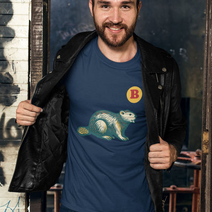 Man wearing the Beaver T Shirt in Navy colour, made in Canada with Organic Cotton from the Maple Beaver Canadian ABC collection