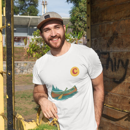 Man wearing a Canadain Canoe T Shirt in White colour from the Canadian ABC collection by Maple Beaver
