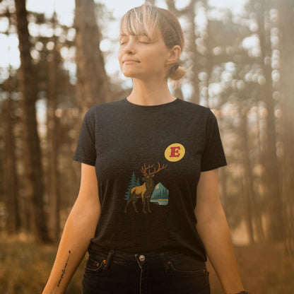 Woman wearing a Canadain Elk T Shirt in Black colour from the Canadian ABC collection by Maple Beaver