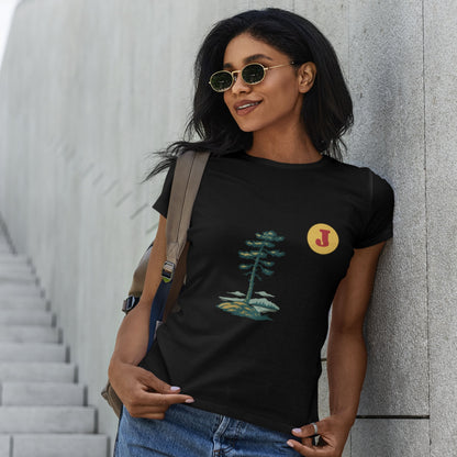 Woman wearing a Canadian Jack Pine T Shirt in Black colour from the Canadian ABC collection by Maple Beaver