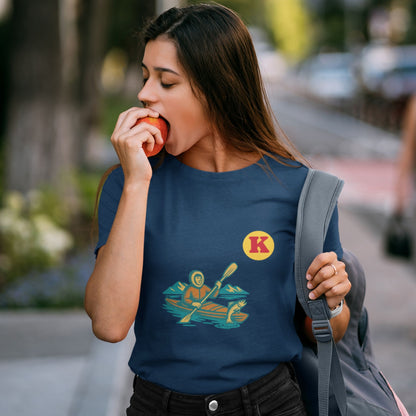 Woman wearing a Navy colour Canadian Made T shirt featuring the Kayak from the Canadian ABC collection by Maple Beaver