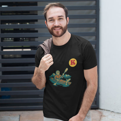 Man wearing a Black colour Canadian Made T shirt featuring the Kayak from the Canadian ABC collection by Maple Beaver