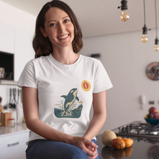 Woman wearing the Canadian Made Orca T shirt in White colour from the Canadian ABC collection by Maple Beaver