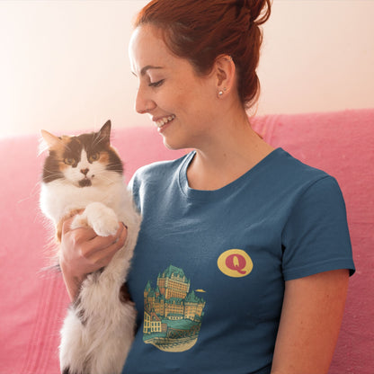 Woman wearing a Quebec City Canada T Shirt in Navy colour from the Canadian ABC collection by Maple Beaver