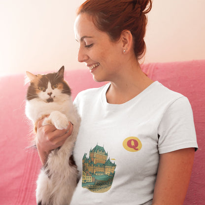 Woman wearing a Quebec City Canada T Shirt in White colour from the Canadian ABC collection by Maple Beaver