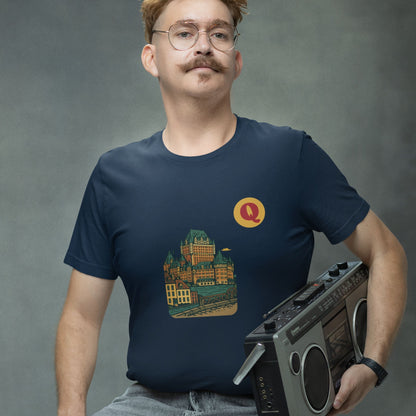 Man wearing a Quebec City Canada T Shirt in Navy colour from the Canadian ABC collection by Maple Beaver