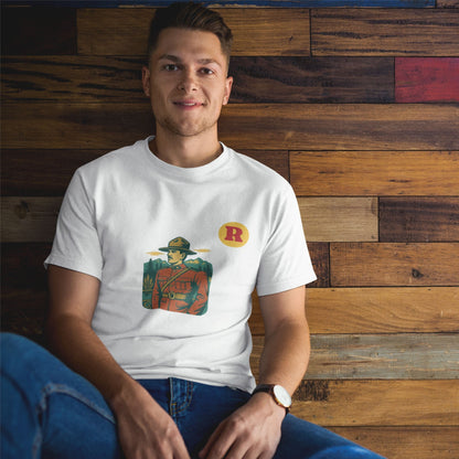Man wearing a RCMP Canada T Shirt in White colour from the Canadian Alphabet collection by Maple Beaver