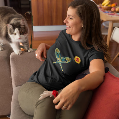 Woman wearing a Canadian Made Black colour T Shirt with Snowshoes  from the Canadian ABC collection by Maple Beaver