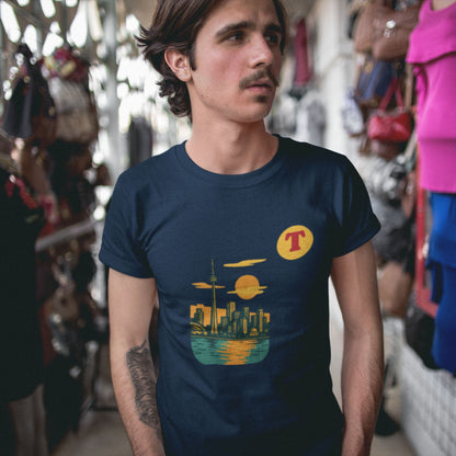 Man wearing a Toronto Canada T Shirt in Navy colour from the Canadian ABC collection by Maple Beaver