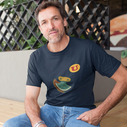 Man wearing the Canadian Made Ulu Knife T Shirt in Navy colour from the Canadian ABC collection by Maple Beaver