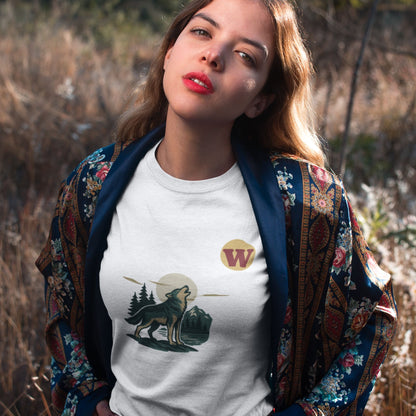 Woman wearing  the Canadian Made wolf T Shirt in white colour from the Canadian ABC collection by Maple Beaver