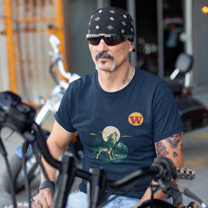 Man wearing the Made in Canada Wolf T Shirt in Navy colour from the Canadian ABC collection by Maple Beaver