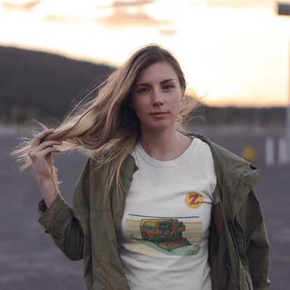 Female Model wearing Canadian Made Zamboni T Shirt in white color