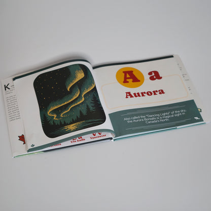 the A for Aurora page from the Canadian ABC book from Aurora to Zamboni by Kedaar Mungali