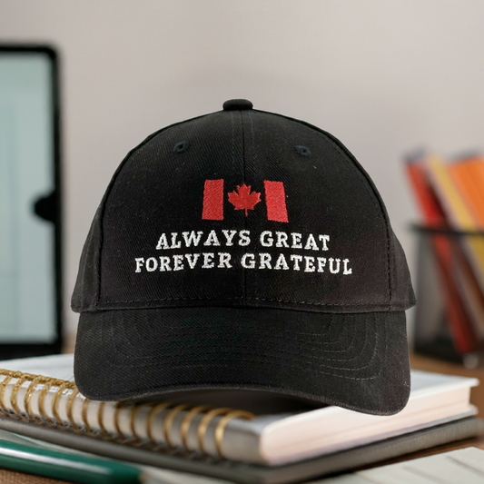 Black Canadian Flag Cap – Always Great Forever Grateful Canada Day Hat Made in Canada