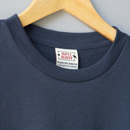 Canadian Made Organic Cotton T shirt in Navy colour by Maple Beaver, closeup of crew neck.