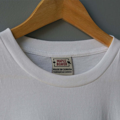 Canadian Made Oragnic Cotton T shirt in White color by Maple Beaver, closeup of crew neck.